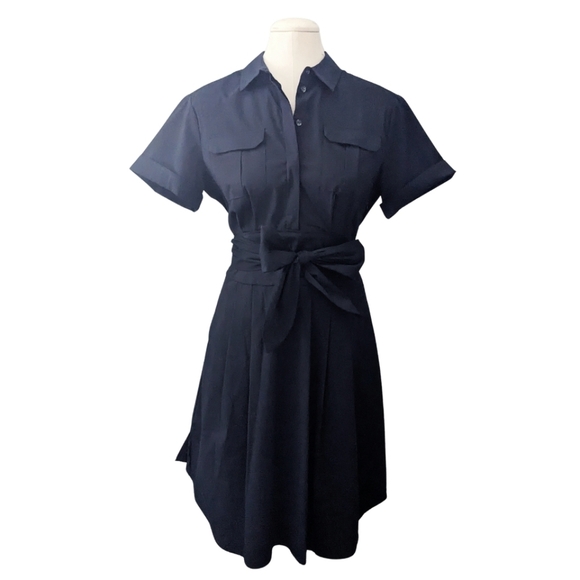 Cynthia Steffe Maya Tie Waist Fit Flare Shirtdress Navy Blue Career Size 6 - Picture 2 of 13